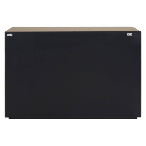 A sleek black console table with a tinted mirror finish on the front, featuring a minimalist design and two small metallic handles on the top edge. The table has a flat surface and a rectangular shape, suitable for entryways or living spaces