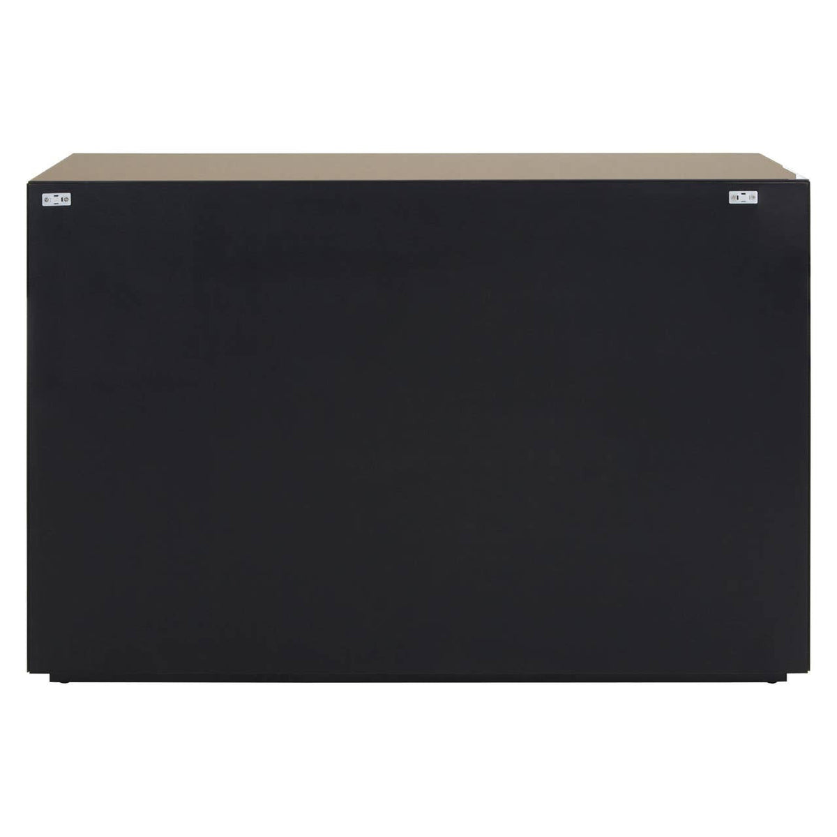 A sleek black console table with a tinted mirror finish on the front, featuring a minimalist design and two small metallic handles on the top edge. The table has a flat surface and a rectangular shape, suitable for entryways or living spaces