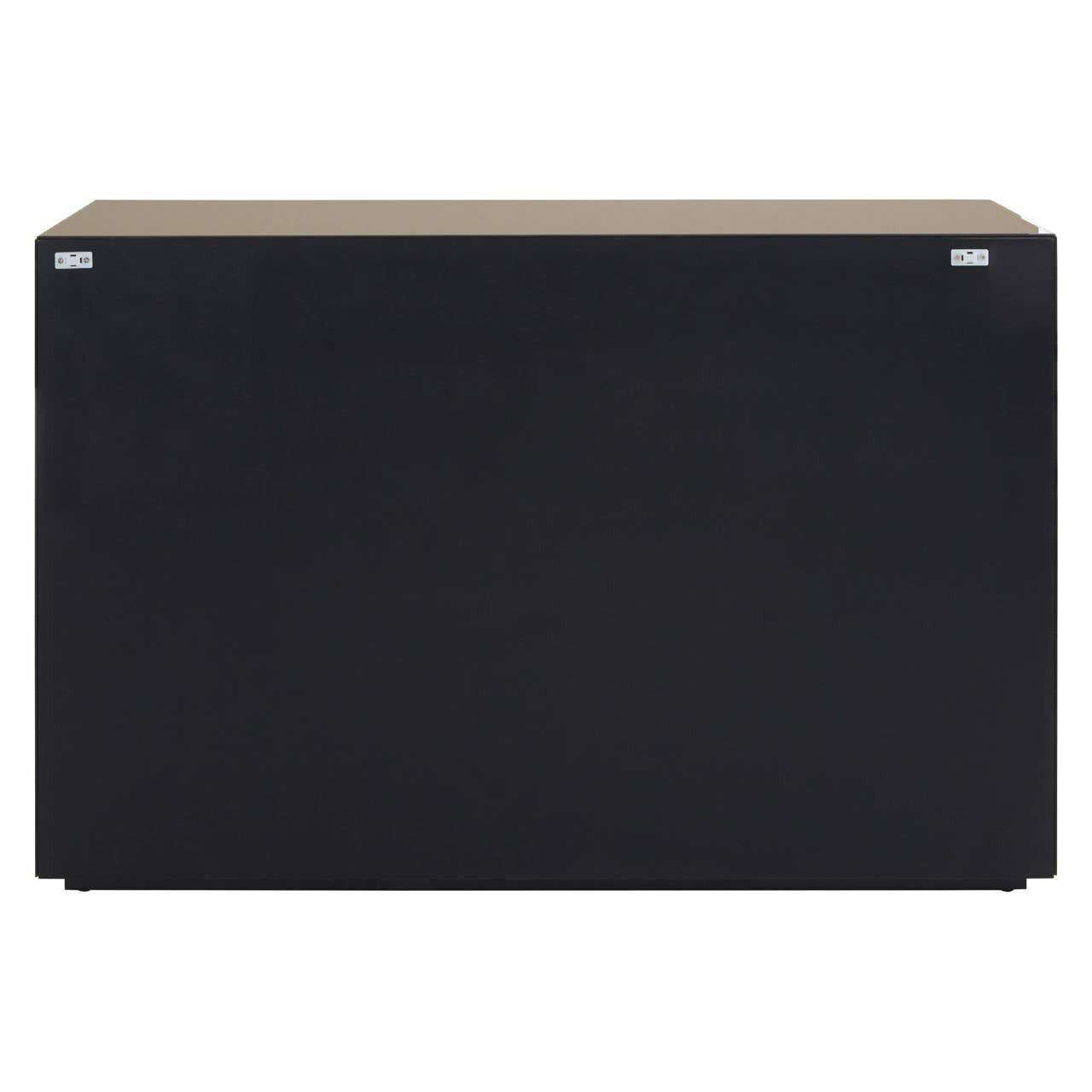 A sleek black console table with a tinted mirror finish on the front, featuring a minimalist design and two small metallic handles on the top edge. The table has a flat surface and a rectangular shape, suitable for entryways or living spaces