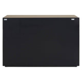 A sleek black console table with a tinted mirror finish on the front, featuring a minimalist design and two small metallic handles on the top edge. The table has a flat surface and a rectangular shape, suitable for entryways or living spaces
