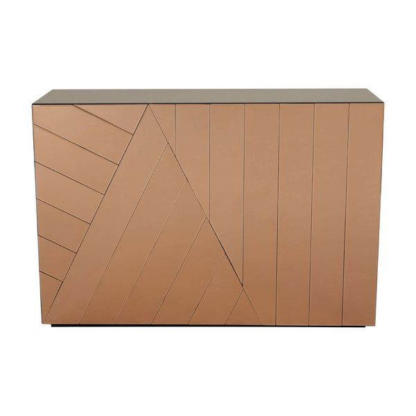 A console table featuring a tinted mirror top and a geometric design on the front, showcasing a combination of angled and straight lines in a warm wood finish. The table has a sleek, modern appearance suitable for home decor