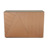 A console table featuring a tinted mirror top and a geometric design on the front, showcasing a combination of angled and straight lines in a warm wood finish. The table has a sleek, modern appearance suitable for home decor