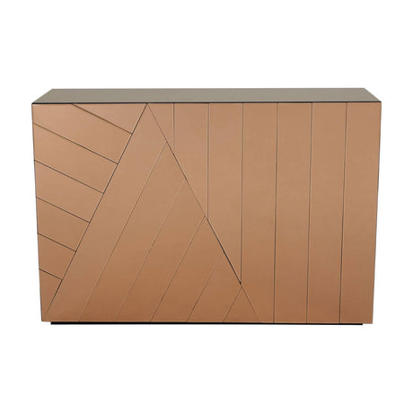 A console table featuring a tinted mirror top and a geometric design on the front, showcasing a combination of angled and straight lines in a warm wood finish. The table has a sleek, modern appearance suitable for home decor