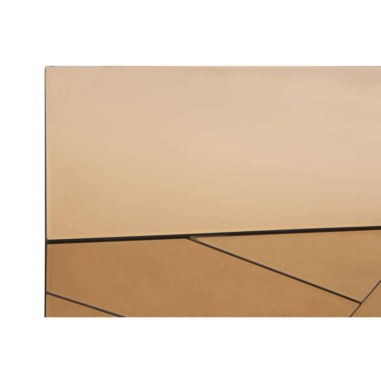 A close-up view of the Roza Tinted Mirror Console Table showcasing its smooth, reflective surface with a warm, tinted finish and geometric lines that add a modern touch