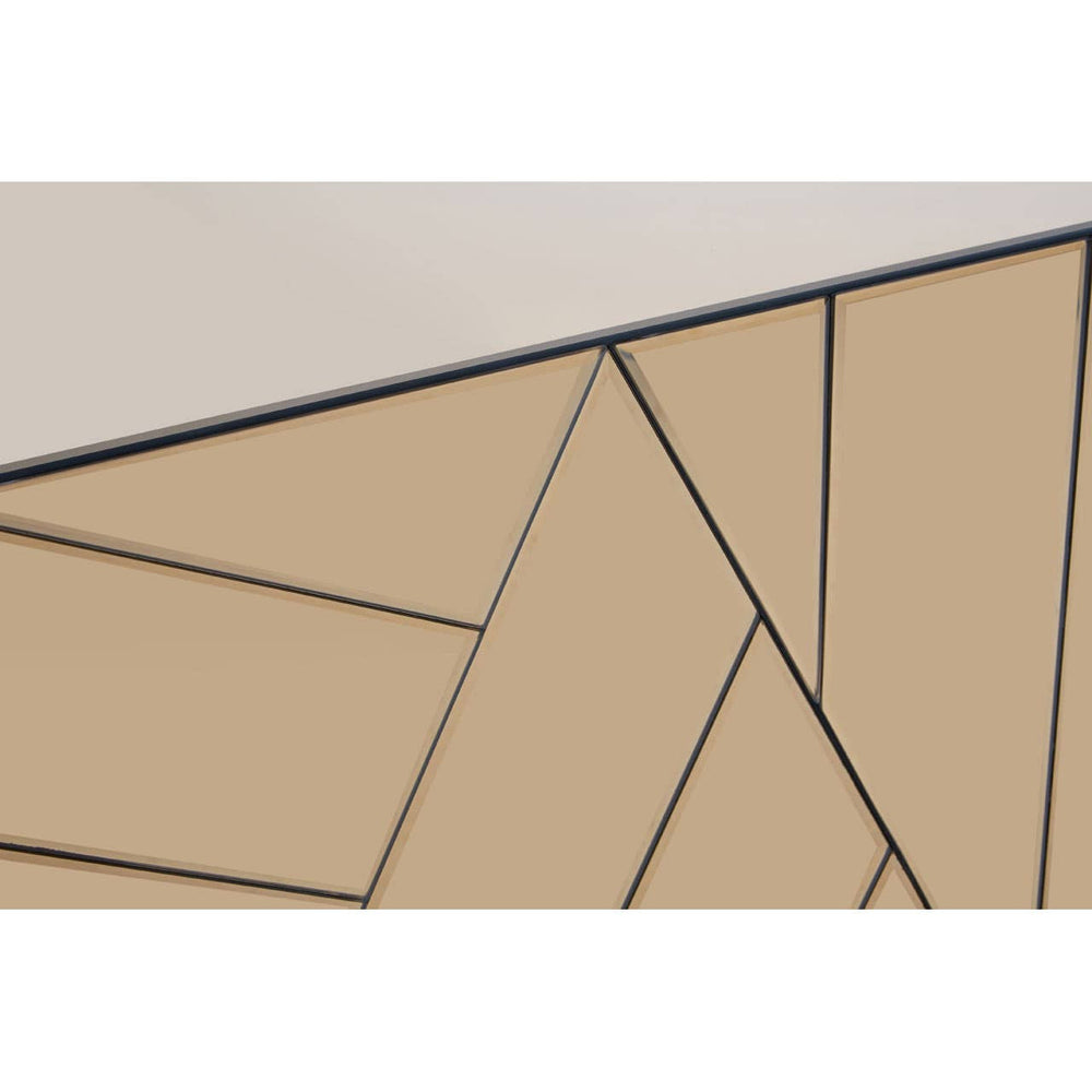 Close-up view of the Roza Tinted Mirror Console Table showcasing a geometric design with a light-colored surface and a textured, angled pattern in a warm beige tone. The edges are outlined with a thin black trim, adding a modern touch to the overall aesthetic