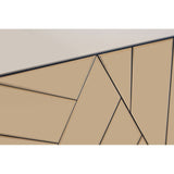 Close-up view of the Roza Tinted Mirror Console Table showcasing a geometric design with a light-colored surface and a textured, angled pattern in a warm beige tone. The edges are outlined with a thin black trim, adding a modern touch to the overall aesthetic