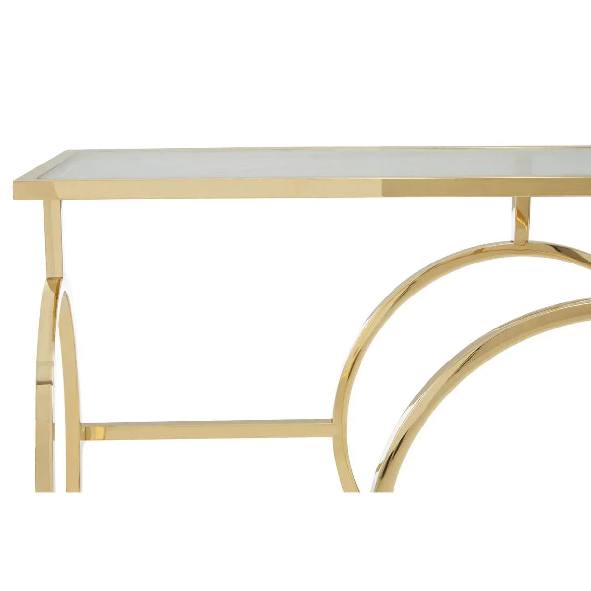 Glass console table with gold metal frame and modern curved base detail