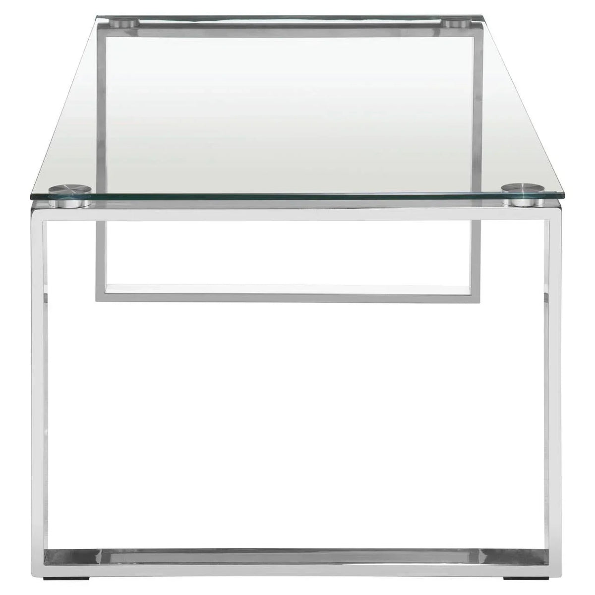 Modern glass coffee table with chrome metal frame, front angle