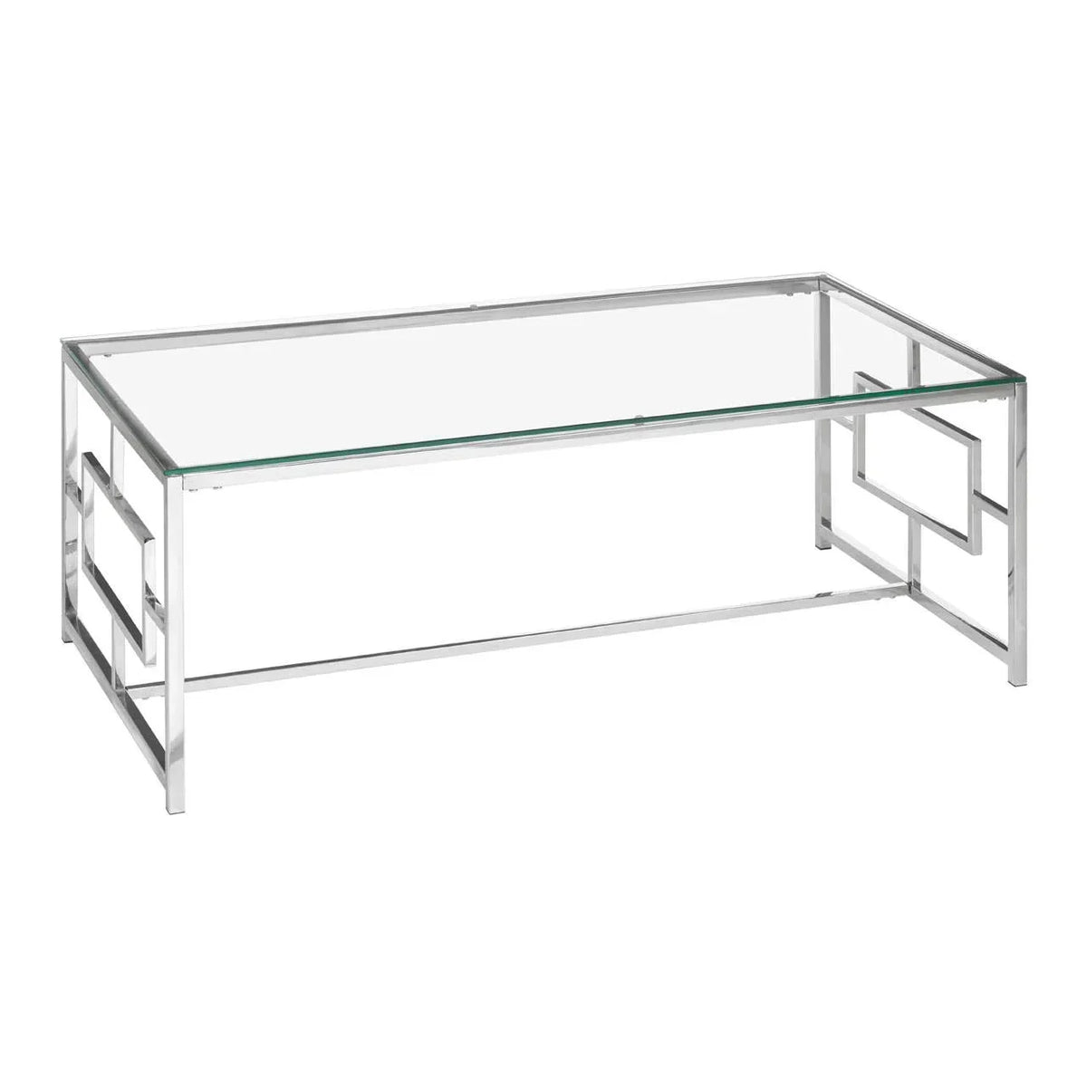 Rectangular glass coffee table with chrome metal frame and geometric side design