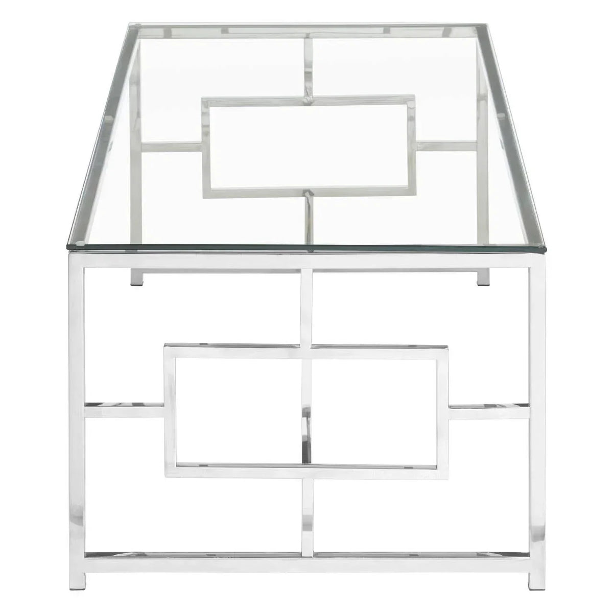 Glass top coffee table with chrome metal geometric frame, front view