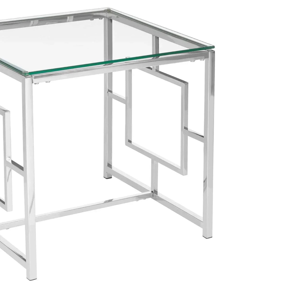 Glass side table with chrome metal frame and geometric square design