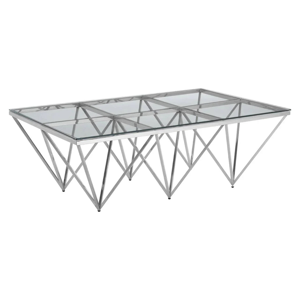 Modern glass coffee table with geometric chrome metal base on white background