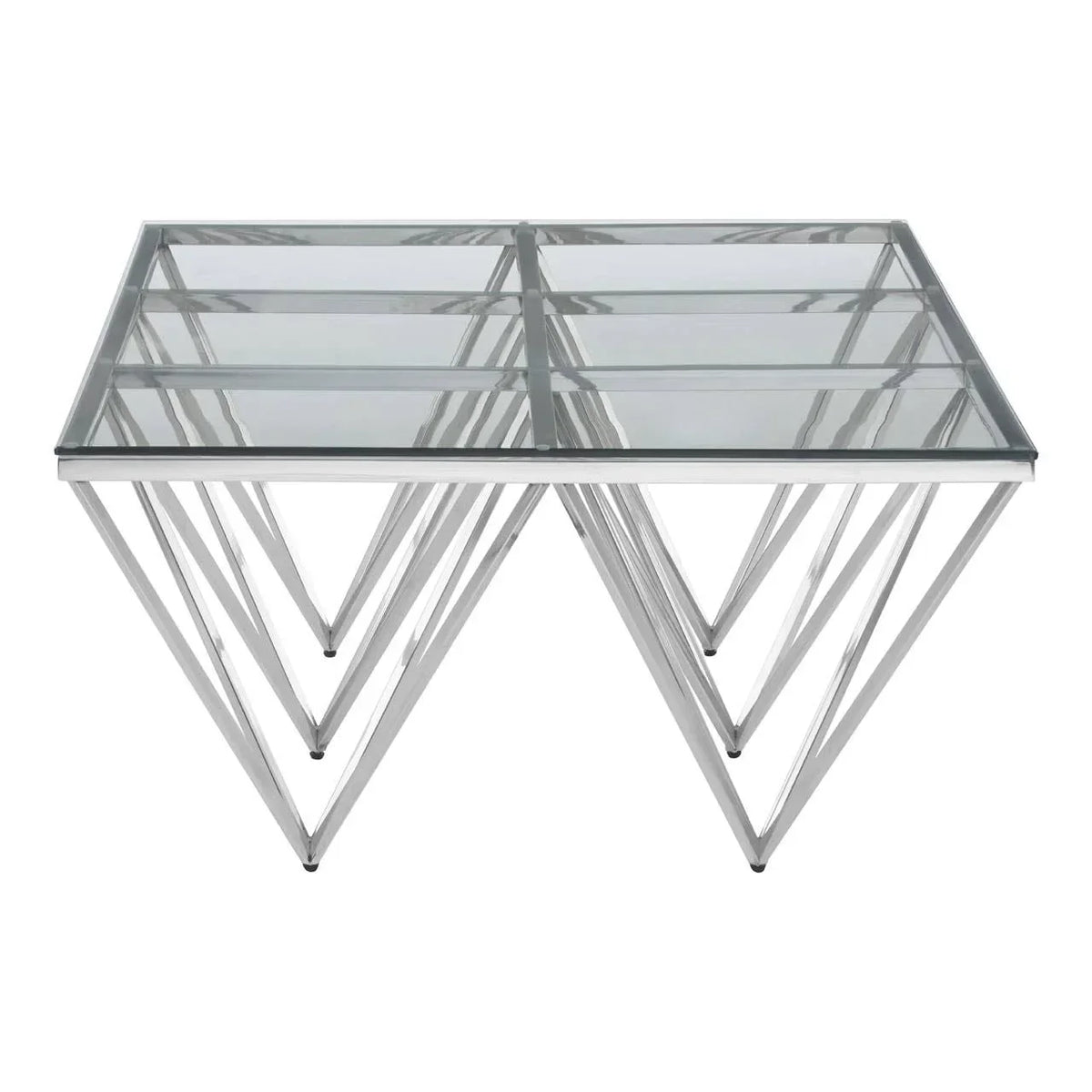 Rectangular glass coffee table with chrome geometric metal legs, modern living room design