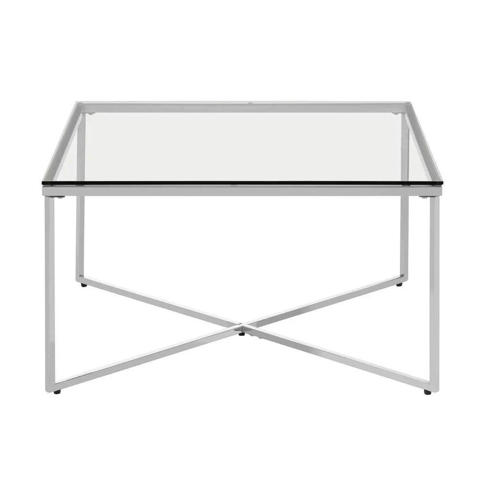 Glass coffee table with silver metal frame and X-shaped base, front view