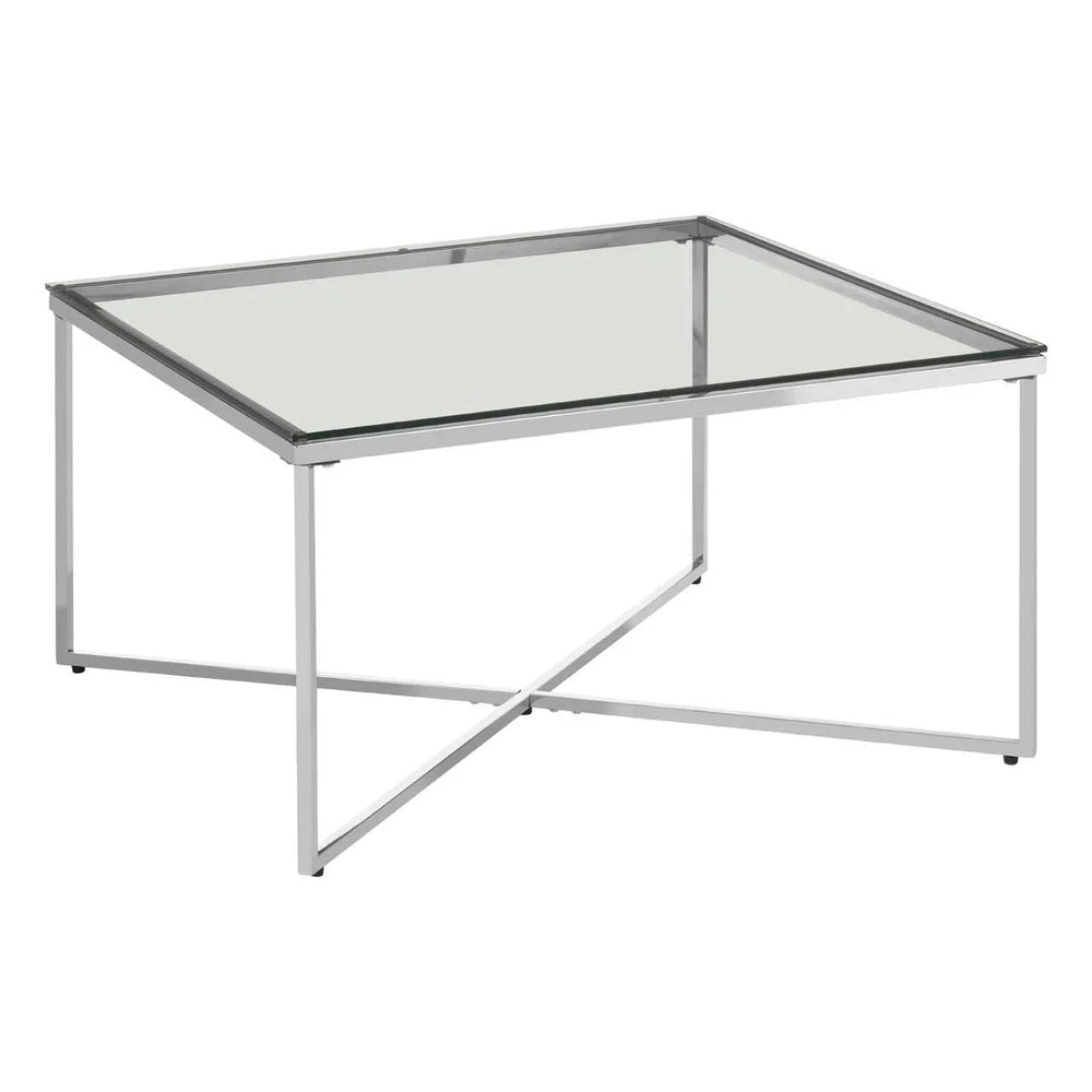 Rectangular glass coffee table with chrome frame and minimalist cross-base design