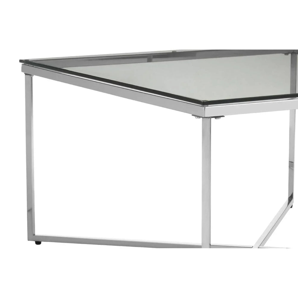 Glass top coffee table with chrome metal frame corner closeup