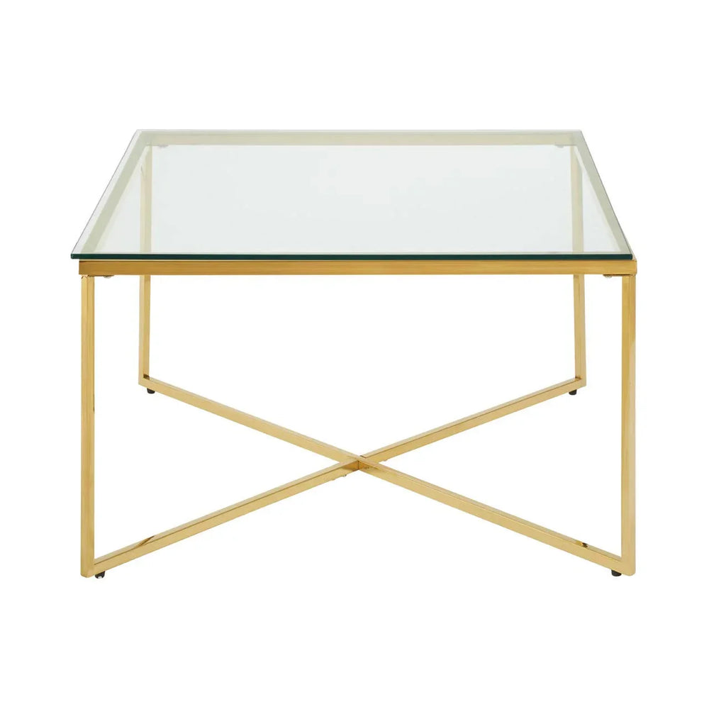 Glass coffee table with gold metal frame and cross base, front view