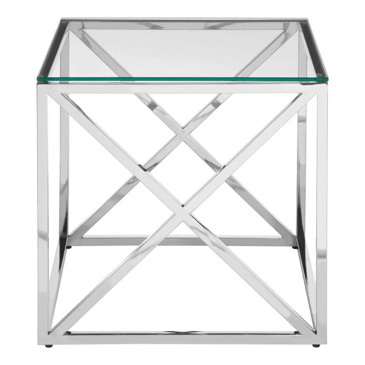 Glass top side table with chrome metal geometric frame, contemporary living room furniture