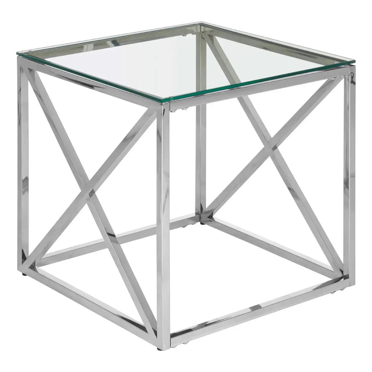 Square glass top side table with chrome metal frame and cross detail