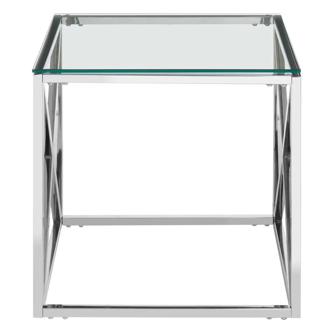Modern glass top side table with chrome metal frame, shown from front angle