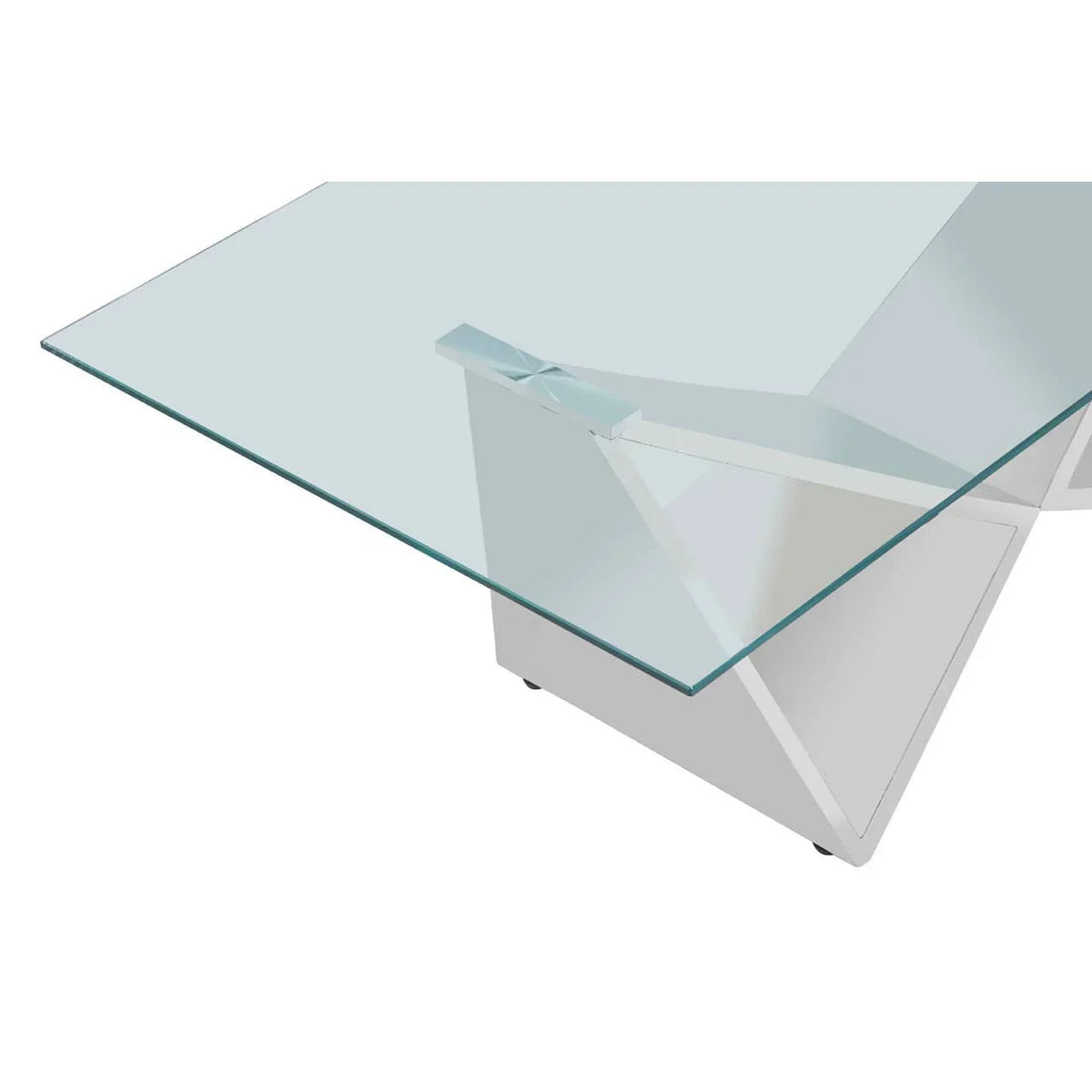 Clear glass dining table with geometric white metal base, close-up angle