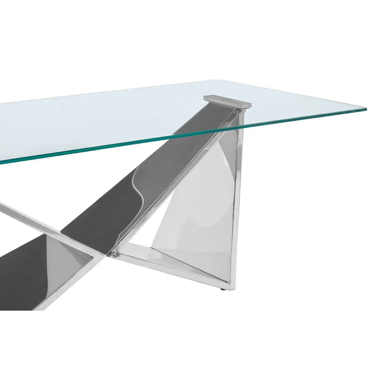 Glass dining table with geometric chrome base and angled leg detail