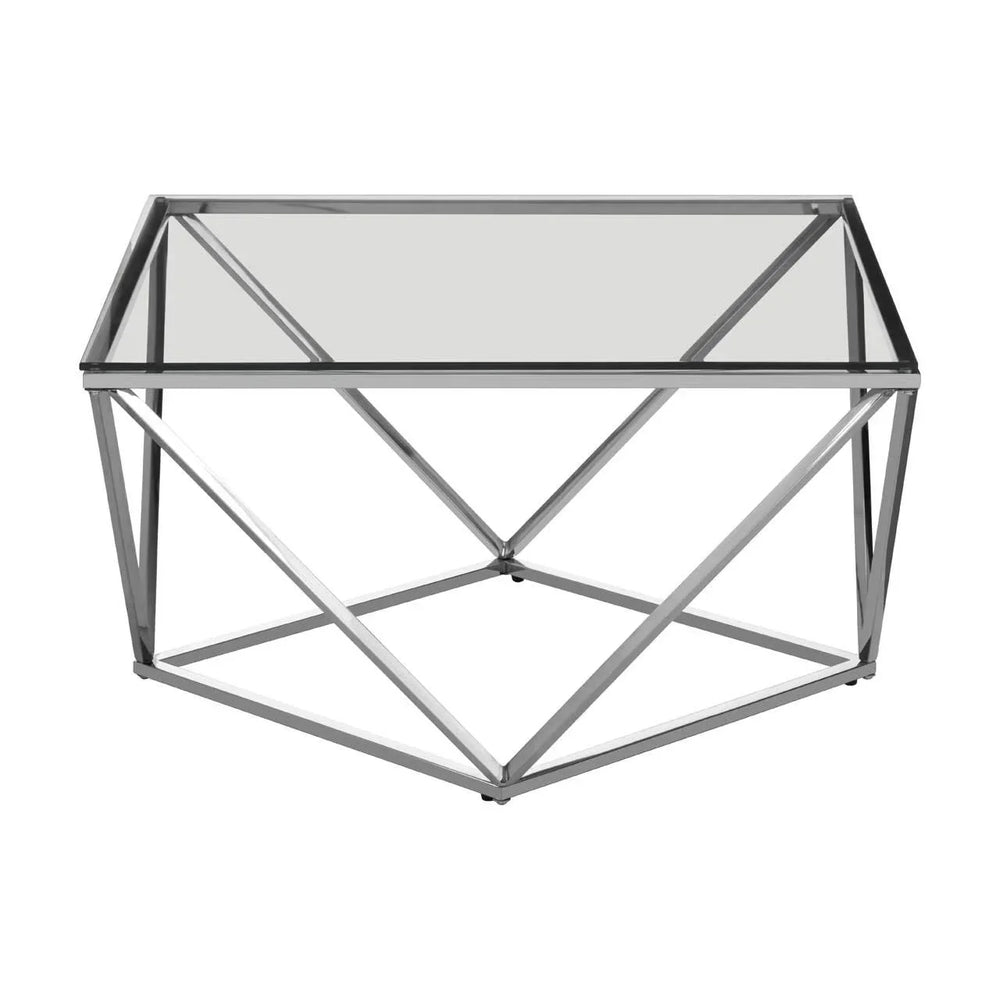 Glass coffee table with geometric chrome frame, modern design, front angle view