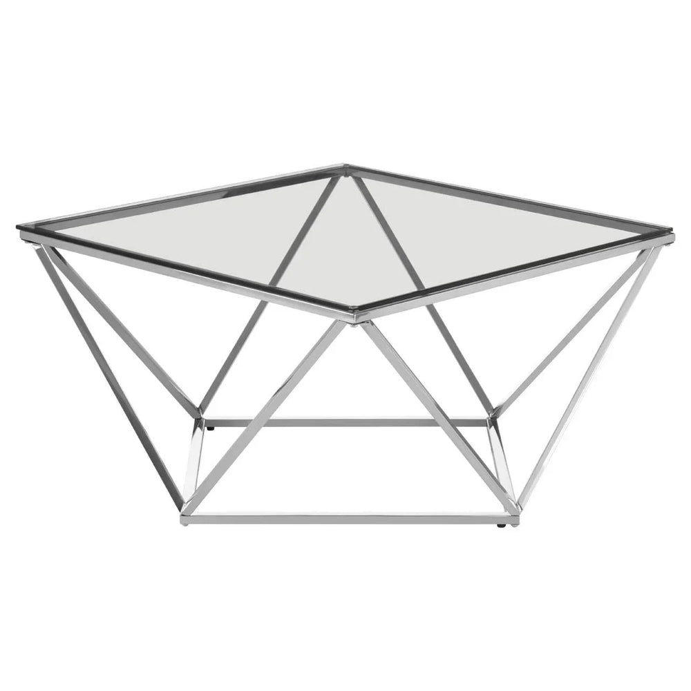 Glass coffee table with square top and chrome geometric metal frame