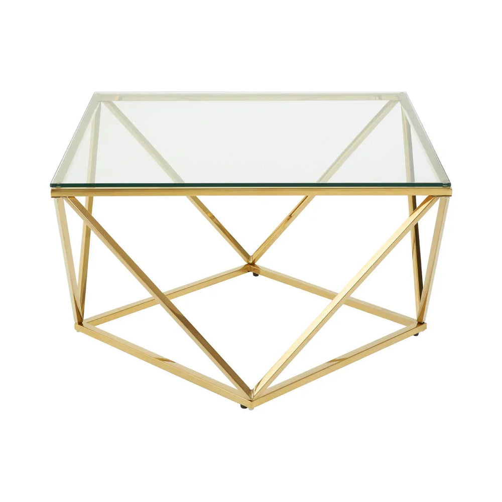 Glass coffee table with gold geometric metal frame, square top, modern design