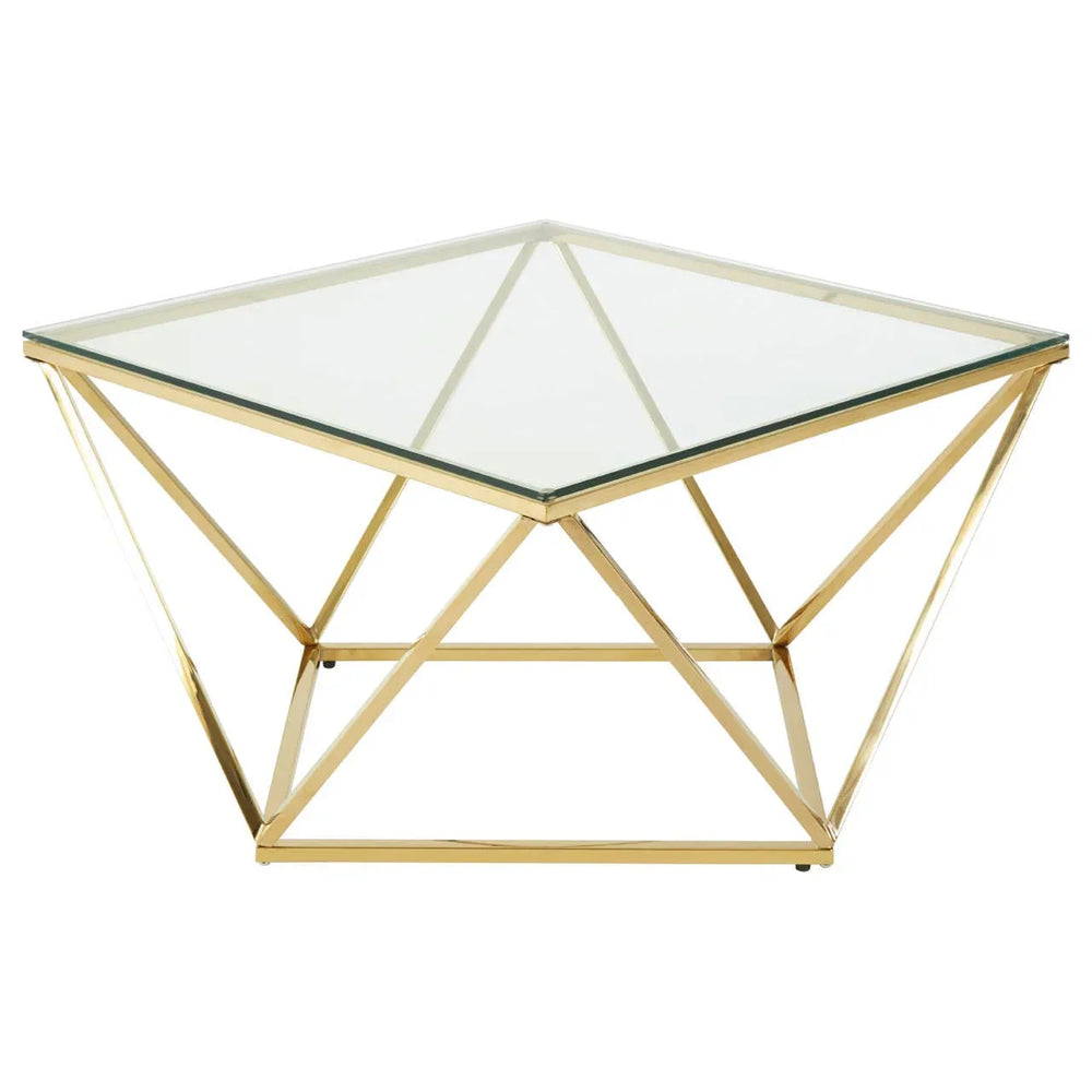 Square glass coffee table with gold metal geometric frame
