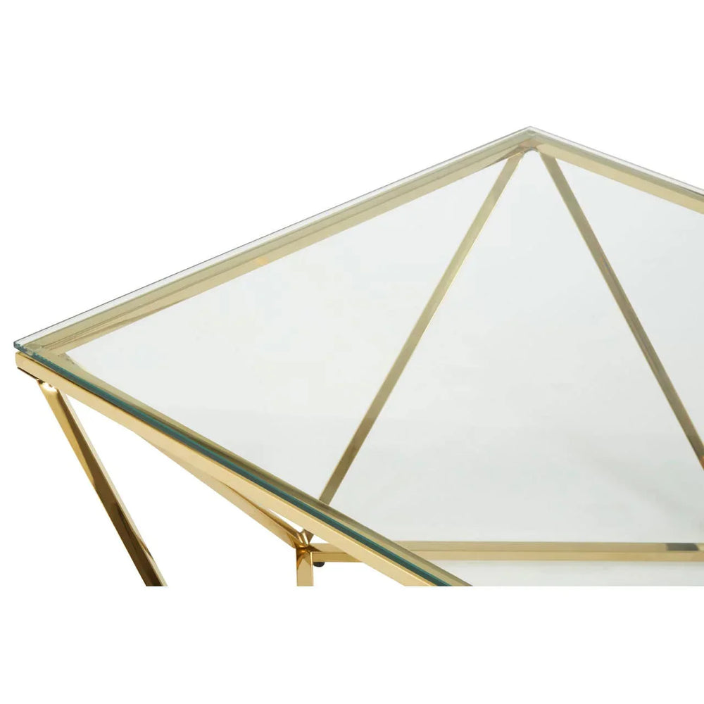 Glass coffee table with gold metal frame, angled corner detail