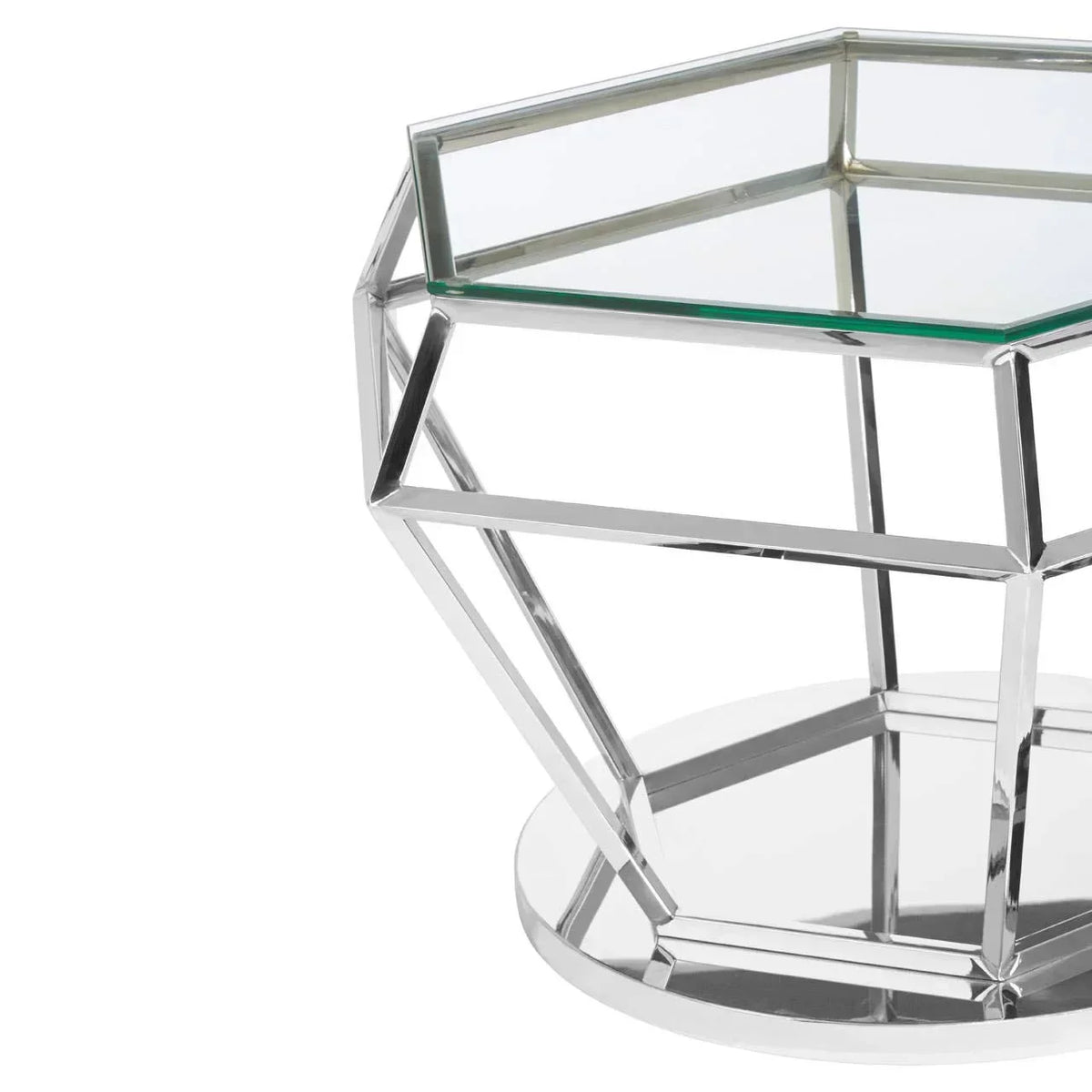 Modern glass top side table with geometric chrome metal frame and round base