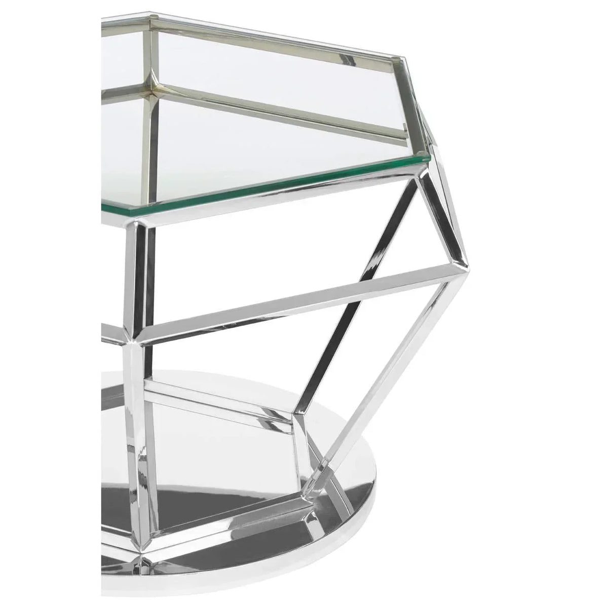 Chrome and glass side table with geometric metal frame and round base, close-up view