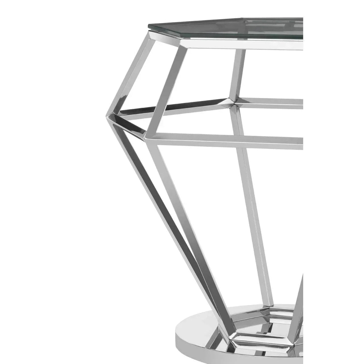 Glass top side table with geometric chrome metal base, angled side view