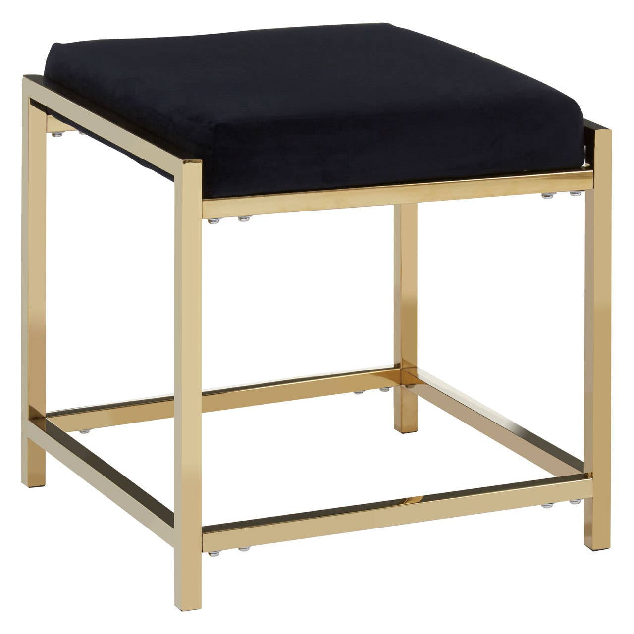A square stool featuring a plush black velvet seat and a sleek gold metal frame, showcasing a modern and elegant design suitable for home decor. The frame has a minimalist structure with clean lines, enhancing the overall aesthetic