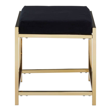 A sleek black velvet stool with a gold finish frame, featuring a cushioned top and a sturdy base with cross supports for added stability