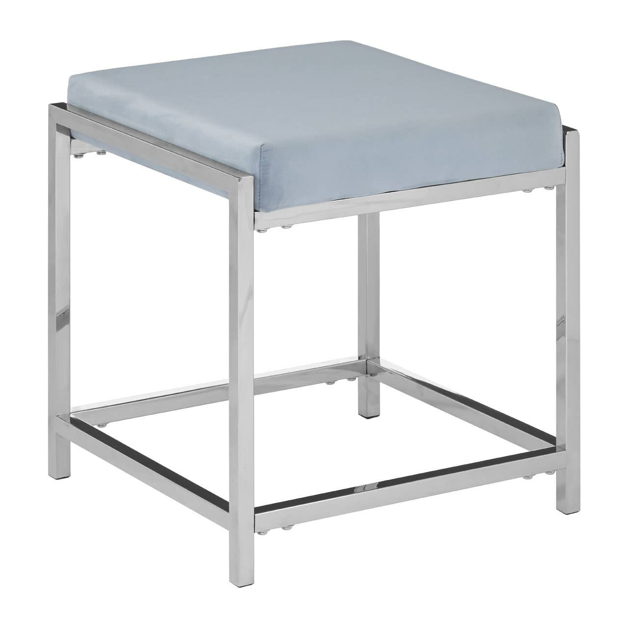 Square stool featuring a soft powder blue velvet seat and a sleek silver metal frame, designed with clean lines and a modern aesthetic