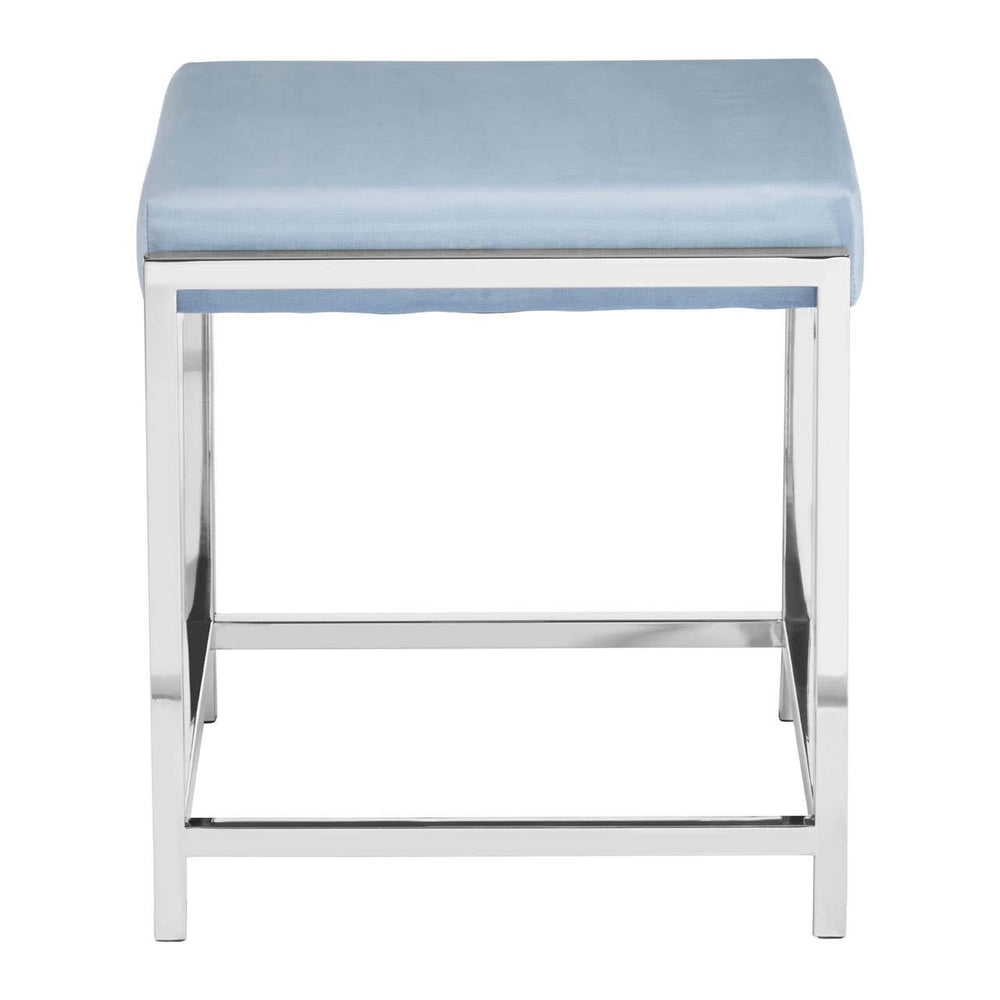 A powder blue velvet stool with a sleek silver metal frame, featuring a cushioned top and a crossbar for added support. The design is modern and elegant, suitable for various home decor styles