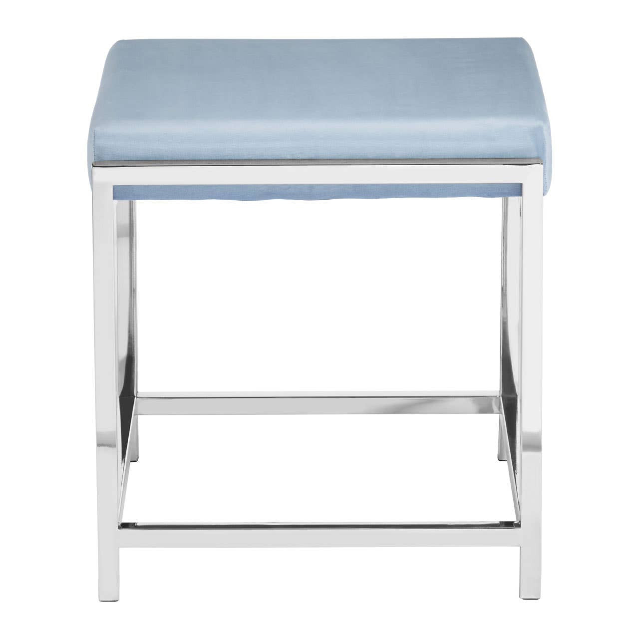 A powder blue velvet stool with a sleek silver metal frame, featuring a cushioned top and a crossbar for added support. The design is modern and elegant, suitable for various home decor styles