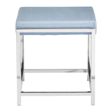 A powder blue velvet stool with a sleek silver metal frame, featuring a cushioned top and a crossbar for added support. The design is modern and elegant, suitable for various home decor styles
