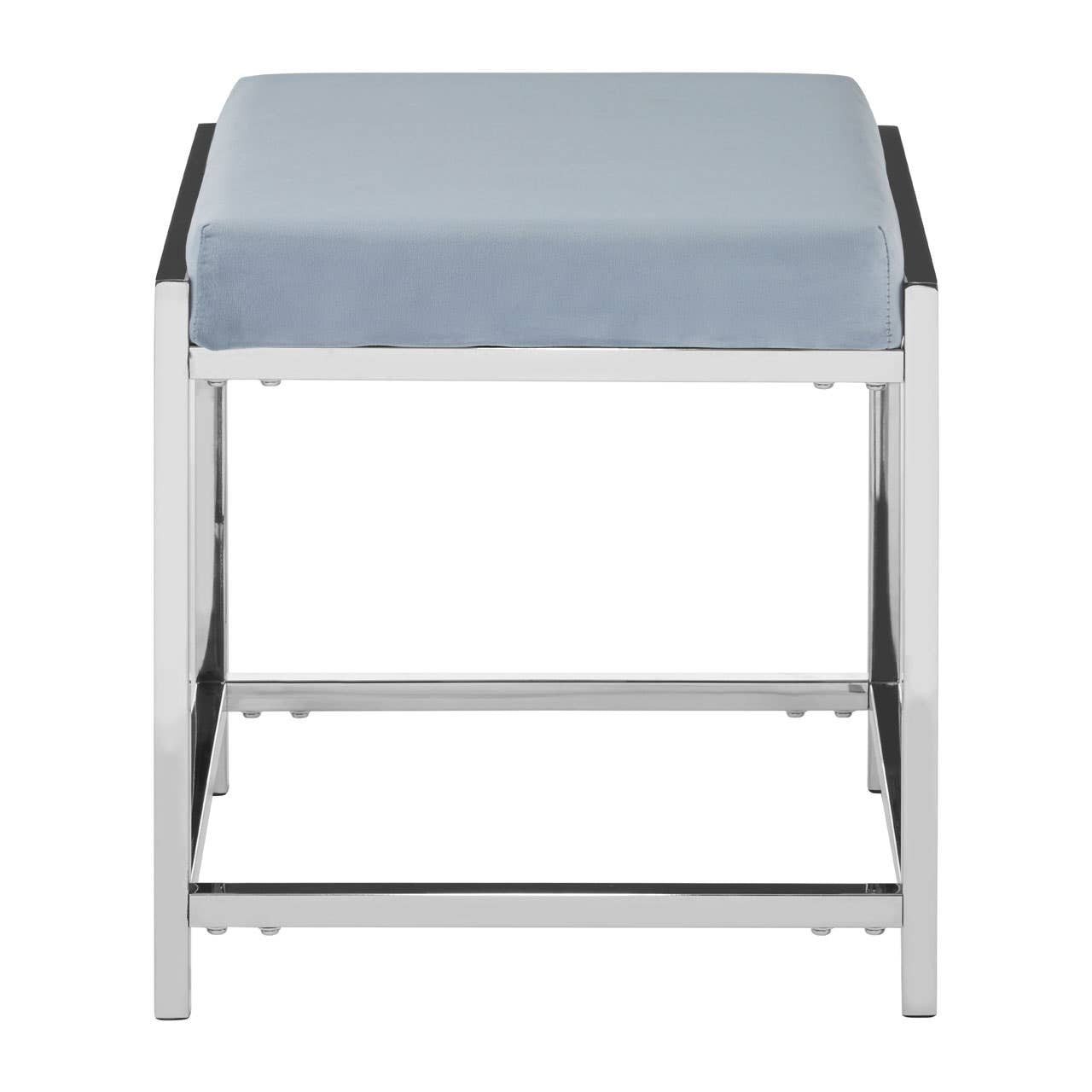 A powder blue velvet stool with a cushioned top and a sleek silver metal frame, featuring a minimalist design with clean lines and a sturdy base. The stool has a square shape and is positioned with its top facing upward, showcasing the soft texture of the velvet fabric