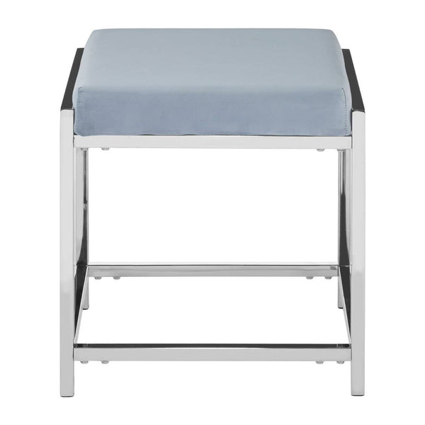 A powder blue velvet stool with a cushioned top and a sleek silver metal frame, featuring a minimalist design with clean lines and a sturdy base. The stool has a square shape and is positioned with its top facing upward, showcasing the soft texture of the velvet fabric
