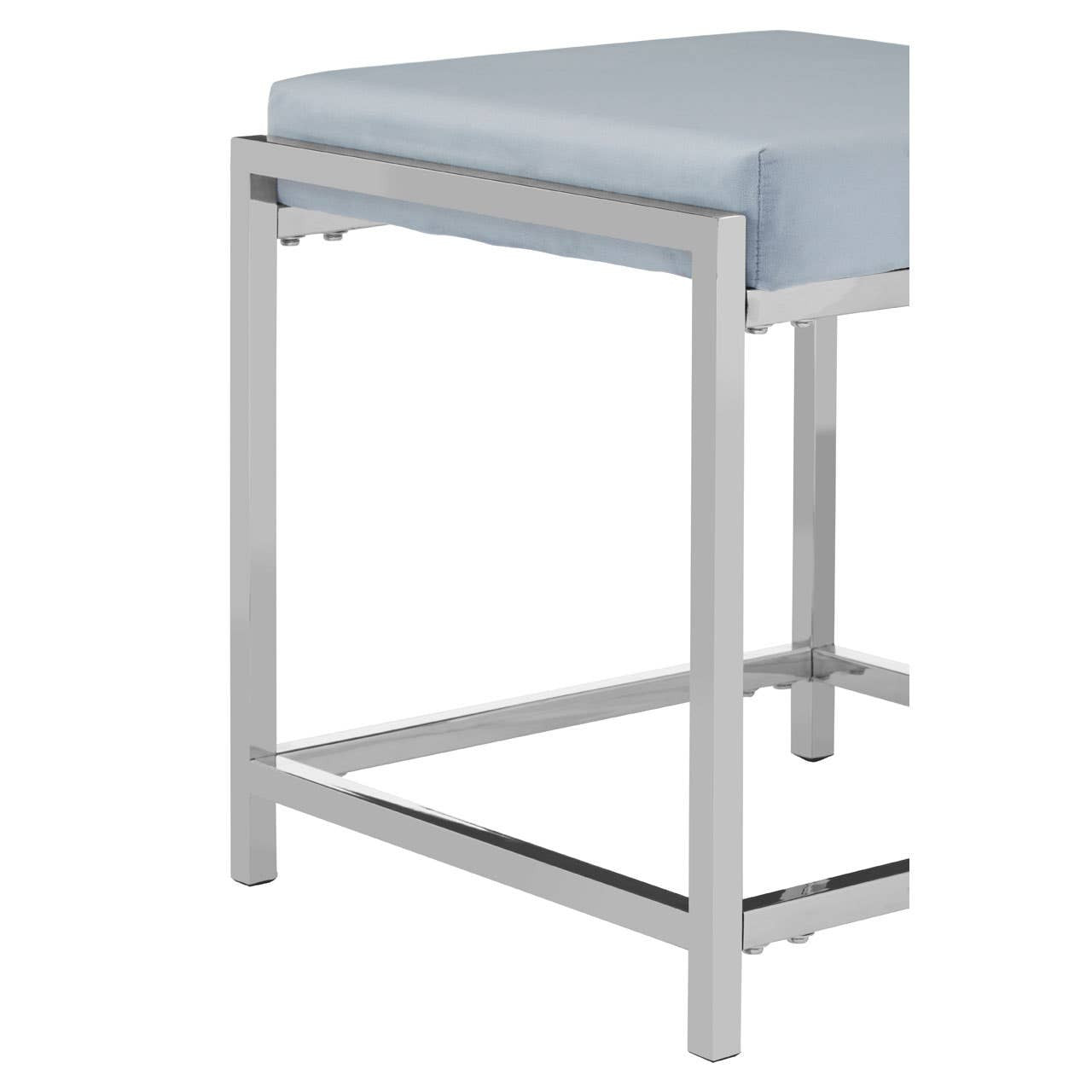 Powder blue velvet stool with a sleek silver metal frame, featuring a cushioned top and a minimalist design. The stool has a sturdy base with crossbars for added support