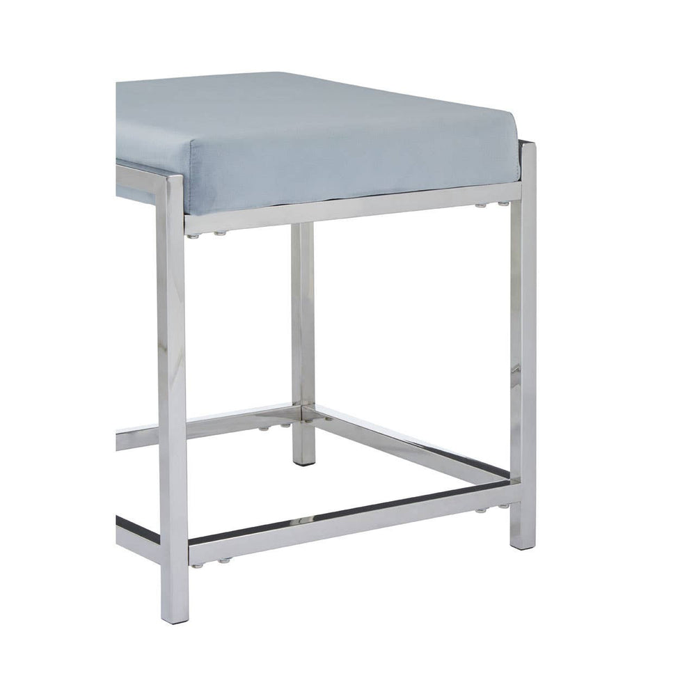 Powder blue velvet stool with a sleek silver metal frame, featuring a square top and minimalist design, suitable for modern home decor