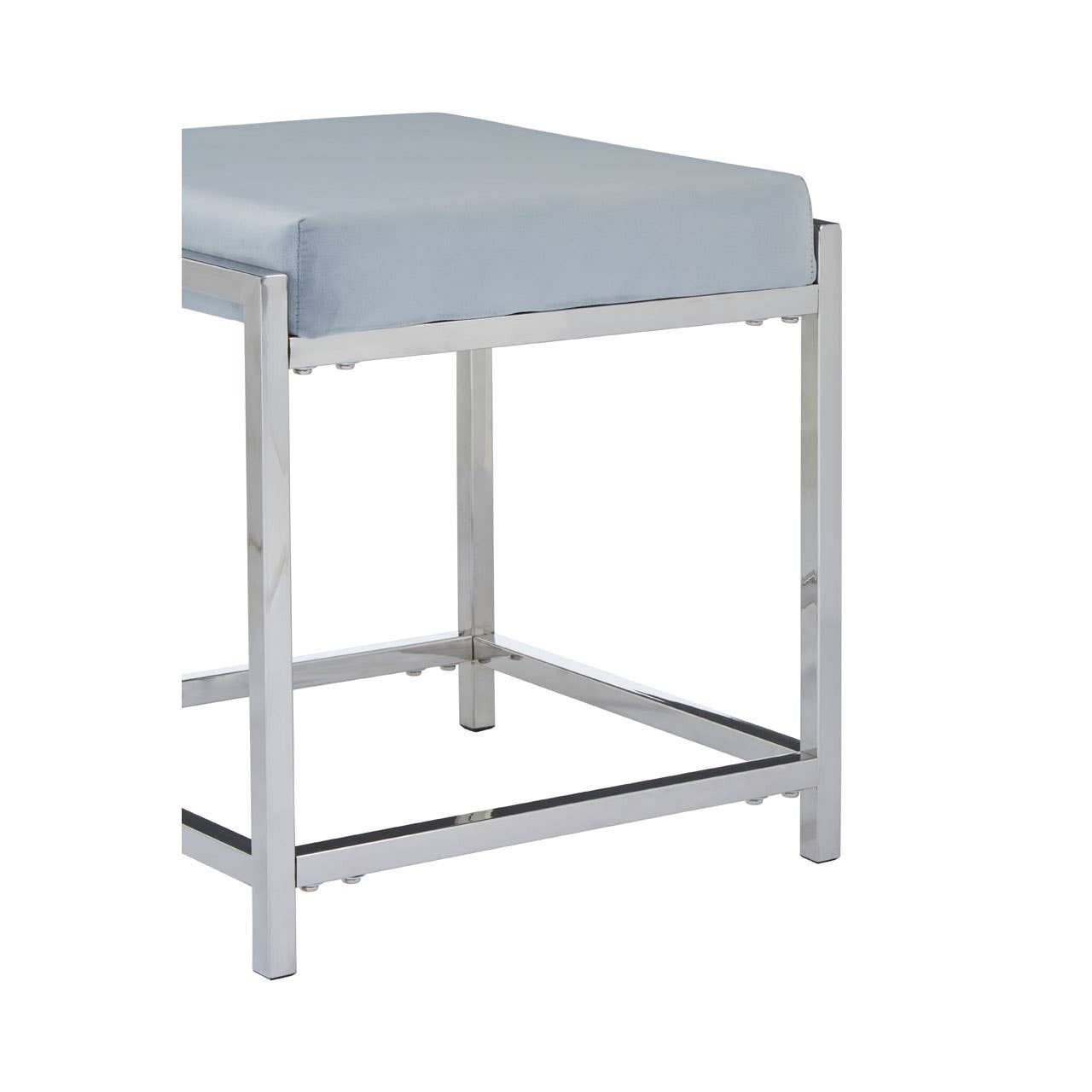 Powder blue velvet stool with a sleek silver metal frame, featuring a square top and minimalist design, suitable for modern home decor