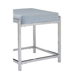 Powder blue velvet stool with a sleek silver metal frame, featuring a square top and minimalist design, suitable for modern home decor