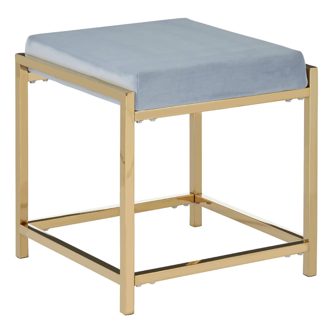 Square stool featuring a powder blue velvet seat and a sleek gold metal frame, designed with clean lines and a minimalist aesthetic