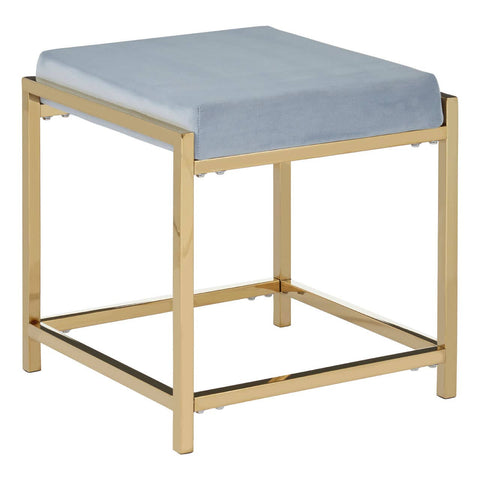 Square stool featuring a powder blue velvet seat and a sleek gold metal frame, designed with clean lines and a minimalist aesthetic
