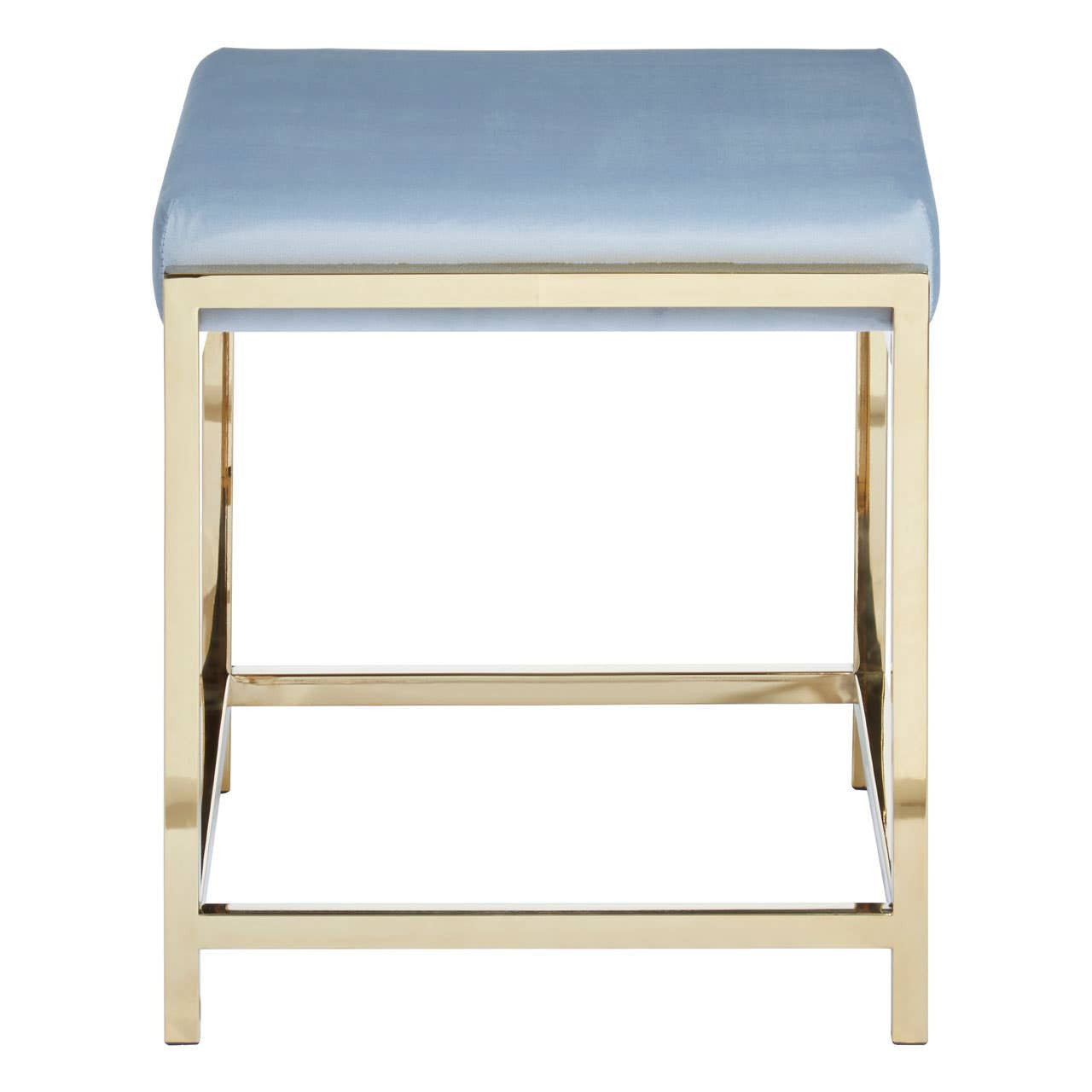 A powder blue velvet stool with a rectangular seat and a sleek gold metal frame, featuring a crossbar for added stability. The design is modern and elegant, suitable for various home decor styles