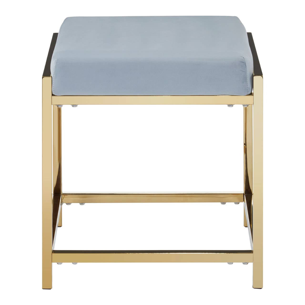 A powder blue velvet stool with a square seat and a sleek gold metal frame, featuring a lower support bar for stability. The design is modern and elegant, suitable for various home decor styles